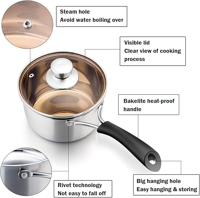 P&P CHEF 1 Quart Saucepan Small Pot, Stainless Steel Saucepan with Lid, Small Sauce Pan for Home Kitchen Restaurant Cooking, Visible Glass lid & Bakelite Heat-Proof Handles,Dishwasher Safe, 1 Pc