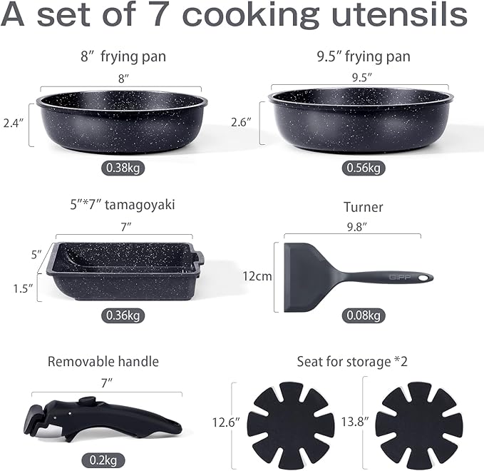 GiPP Ceramic Pots and Pans Set Non Stick, Nonstick Detachable Handle Cookware Sets, Non Toxic Induction Kitchen Pot and Pan with Removable Handle, Healthy RV Cookware, Dishwasher 竊냀ven Safe, 7 Piece