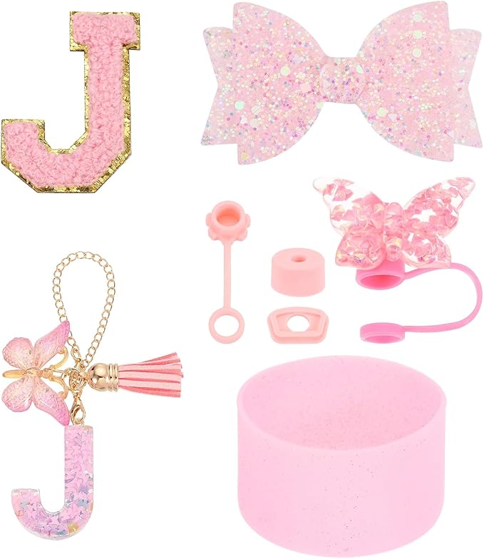 uxcell 8Pcs Cup Accessories Set for Cup Tumbler with Handle, Including Silicone Straw Cover, Boot, Spill Proof Stopper, Handle Charm, Initials Sticker(Letter J, Pink)