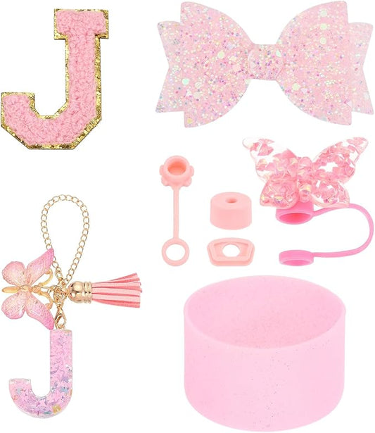 uxcell 8Pcs Cup Accessories Set for Cup Tumbler with Handle, Including Silicone Straw Cover, Boot, Spill Proof Stopper, Handle Charm, Initials Sticker(Letter J, Pink)