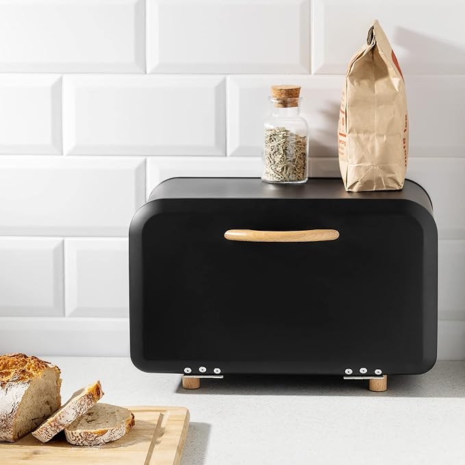 Navaris Bread Box - Metal Bread Bin Storage Tin with Front Opening Drop Down Door for Kitchen Counter or Shelf - Breadbox Storage Container - Black