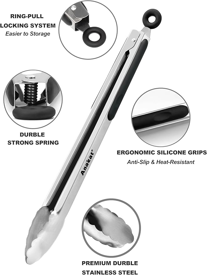 Anaeat Premium Kitchen Locking Tong Set of 3 - Heavy Duty Stainless Steel Food Tongs with Long Handle & Non-Slip Silicone Grip for Cooking, Baking, Grilling - Heat Resistant up to 480째F