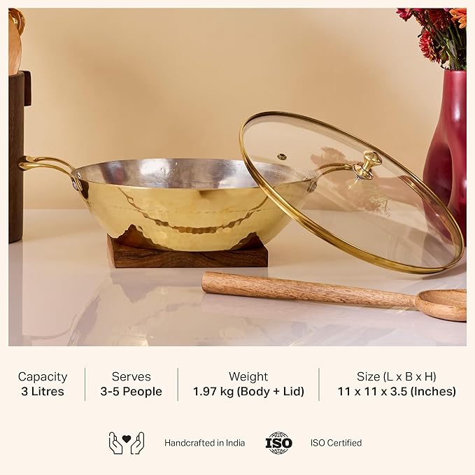 P-TAL Brass Wok With a Lid, Kadhai, Nonstick Wok Pan with a Tin Coating, Non-Toxic Cookware with Ayurvedic Health Benefits, PFOA and PFAS Free (Glass Lid Flat Base)