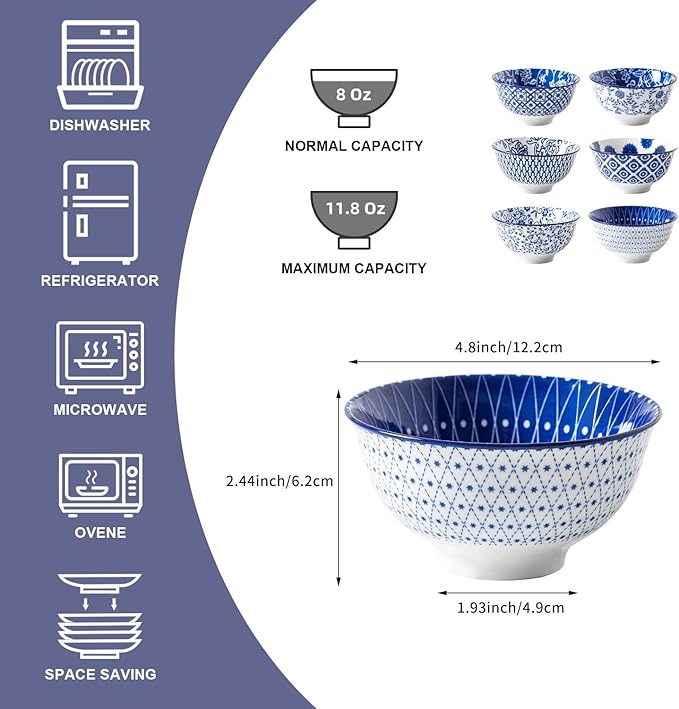 Cerkik Ceramic Dessert Bowls Set - Small 12 Oz Cereal Bowls - 4.75 Inch Ice Cream Bowls for Fruit, Snack, Side Dishes, Dipping Sauce - Microwave Dishwasher Safe - Set of 6 - Vintage Blue