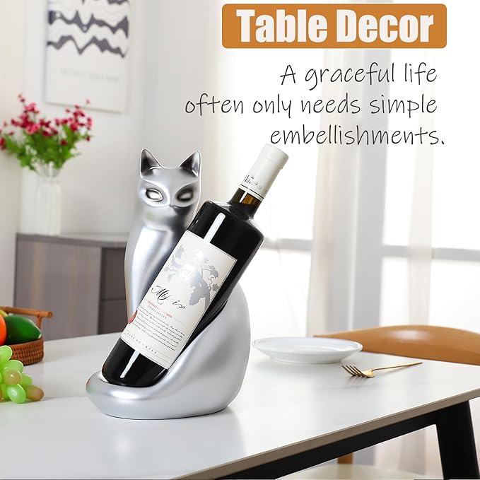 Tabletop Wine Rack Elegant Cat Shaped, Cat Decor Resin Wine Bottle Holder, Decorative Wine Storage for Home Bar, with Packaging for Cat Lovers Women, Silver