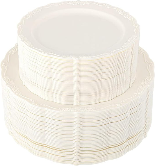 U-QE 100 Pieces Ivory Plastic Plates for Party - Ivory Disposable Plastic Plates - Heavy Duty Disposable Platos Including 50 Dinner 10 '' & 50 Dessert 7.5 '' for Valentine's Day