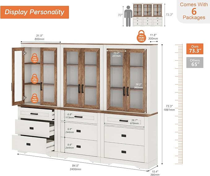 WAMPAT 3 Column 3 Tier Pantry Cabinet with Drawer,73.3" Tall Floor Standing Cupboard,Modern Farmhouse Kitchen Buffet with Adjustable Shelves and Glass Door for Dining Room,Living Room,White Oak
