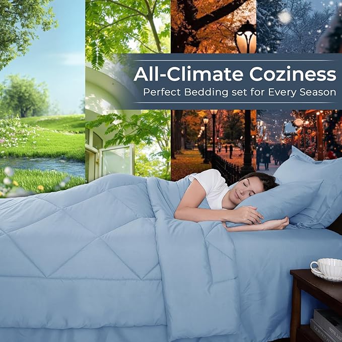 HEVUMYI Light Blue Full Comforter Set - 7-Piece All Season Bed in a Bag Full, Ultra Soft Bedding Set with Comforter, Flat Sheet, Fitted Sheet, Pillowcases, Pillow Shams