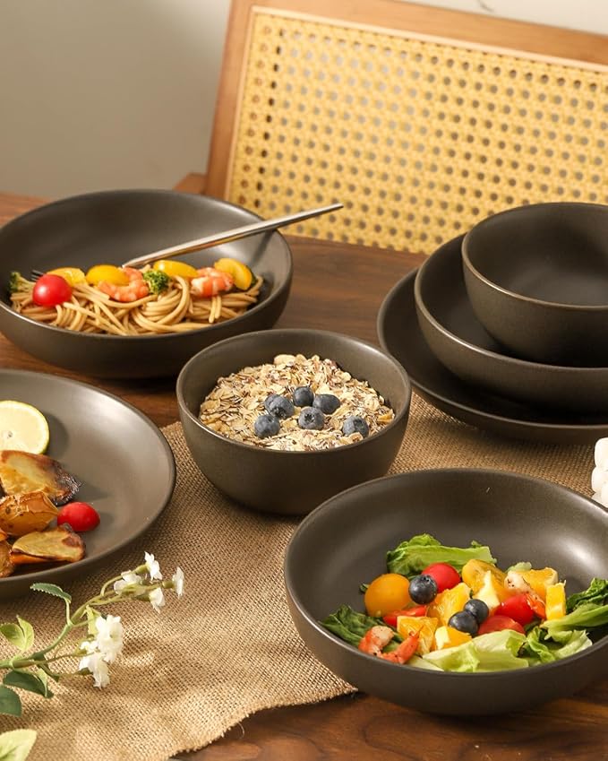 Dinnerware Sets, Stoneware Plates and Bowls Sets, Farmhouse 16 Piece Dish Set for 4, Ceramic Plates Set with Mugs for Kitchen, Scratch Resistant, Dishwasher & Microwave Safe, Matte Black
