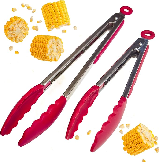 StarPack Premium Silicone Kitchen Tongs Set of 2 (9-Inch & 12-Inch) - Stainless Steel with Non-Stick Silicone Tips, High Heat Resistant to 480째F, For Cooking, Serving, Grill, BBQ & Salad (Cherry Red)
