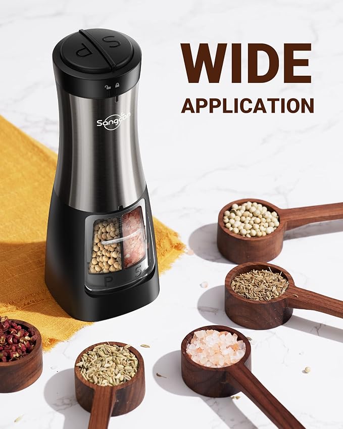 Sangcon Electric Salt and Pepper Grinder Set Shaker 2 IN 1 - Automatic Salt and Pepper Grinder Mill, Battery Powered One-Handed Operation Refillable with Light Dual Ceramic Mill