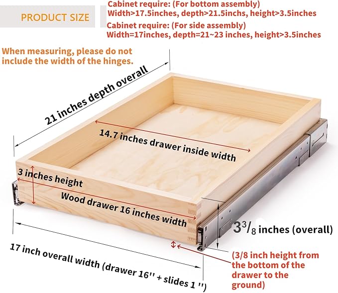 16?쓂 x 21?쒭 x 3?섃섽 Soft Close Slide Out Wood Drawer Organizer for Kitchen, Finished, (Cabinet Opening>17.5 inches for Bottom Assembly, Opening= 17 inches for Side Assembly)