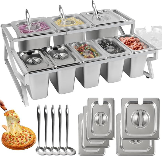 Lanstics Pizza Topping Station 8 Pans Pizza Storage Container Topping containers with Lids Spoon Condiment Organizers Buffet Containers Set for Restaurant Pizza Sauce Jam Fruit Ingredient