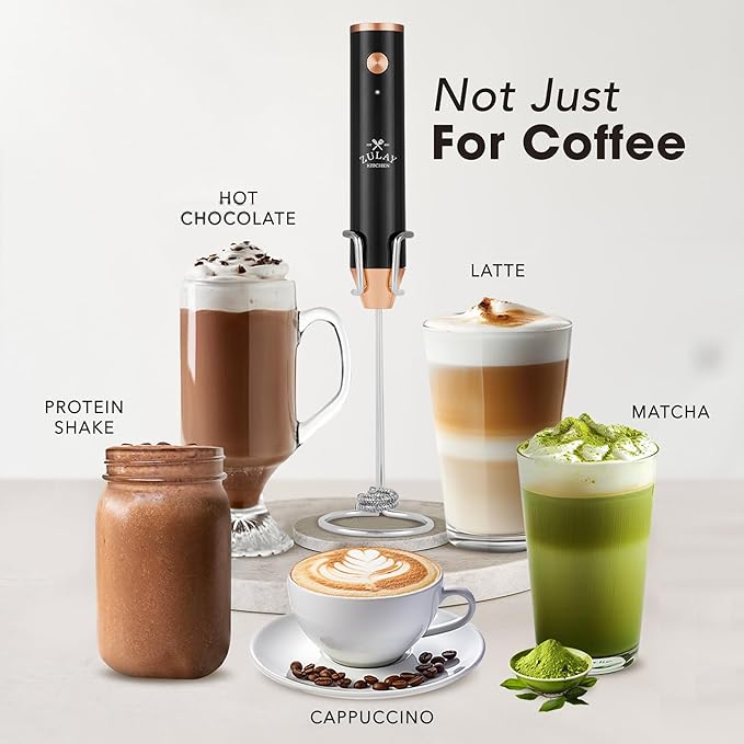 Zulay Kitchen Lux Electric Milk Frother Rechargeable Handheld - 4 Whisks, Powerful 2-Speed Motor, Waterproof, 2000mAh Battery - Drink Mixer for Latte, Cappuccino, Matcha & Protein Powder - Dark Copper