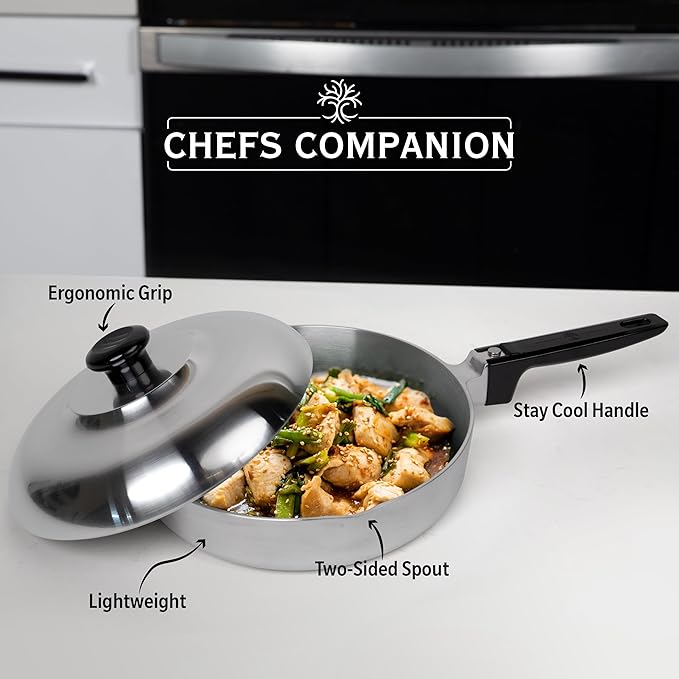 Cast Aluminum Saut챕 Pan with Lid 10 inch - Oven Safe Deep Frying Pan with Lid, Two Side Spouts and Ergonomic Stay-Cool Handle for Comfortable Grip and Pouring (3 Quart)