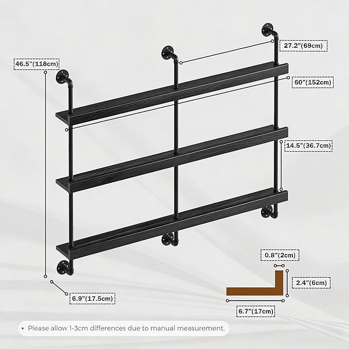 Industrial Wine Rack Wall Mounted, Solid Wood Shelf with Metal Pipe Brackets, 3-Tier Rustic Hanging Organizer for Wine Bottle Storage in Kitchen, Bar, Pub, Cellar(Black, 60 Inch)