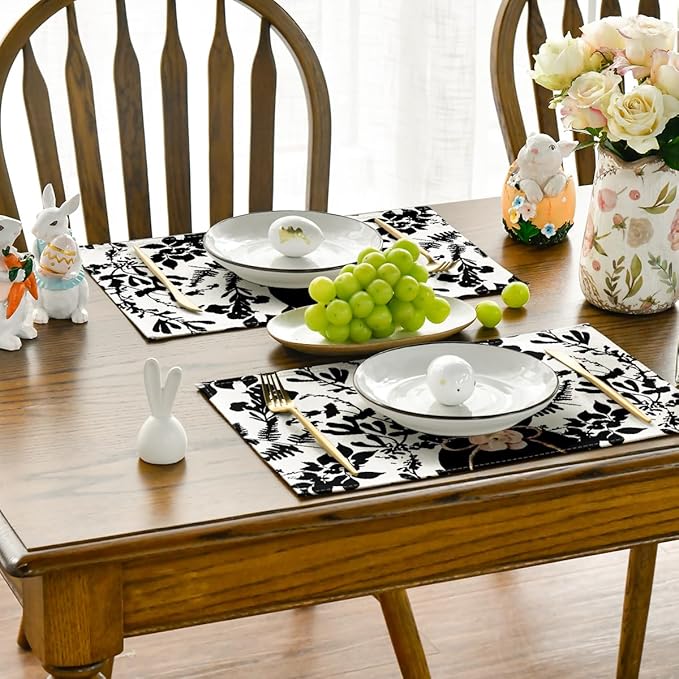 Artoid Mode Black Bunny Leaves Bow Easter Placemats Set of 4, 12x18 Inch Spring Table Mats for Outdoor Home Party Kitchen Dining Decor
