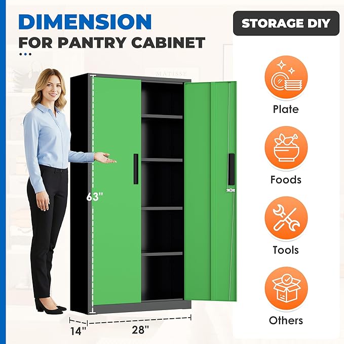 INTERGRAET 63" Tall Pantry Cabinet,Kitchen Pantry Storage Cabinets with 2 Doors and 4 Shelves,Black Green Metal Storage Cabinet,Cupboard for Home,Kitchen,Living Room/Dining