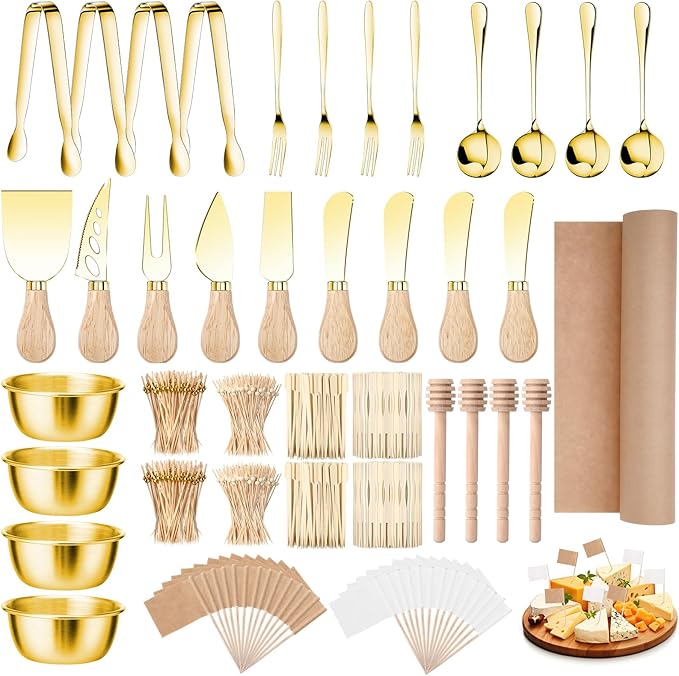 270 Pcs Charcuterie Board Accessories Cheese Butter Spreader Knife Set Butcher Paper Roll Serving Tongs Forks Spoons Dipping Bowls Dippers Cocktail Picks for Party Wedding Christmas (Gold)