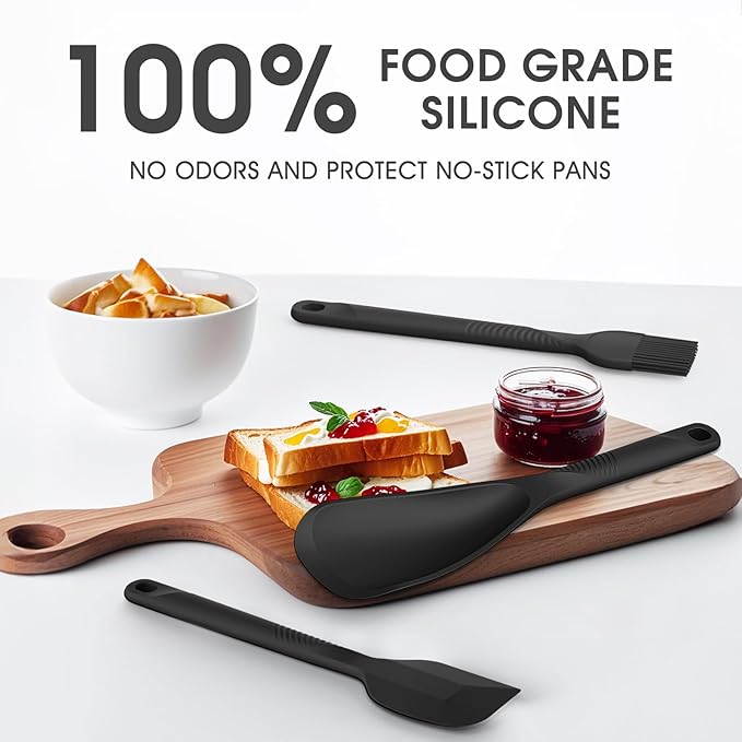 Silicone Cooking Utensils Set - 600째F Heat Resistant, Nonstick Kitchen Utensil Set with Spatulas, Spoons, Whisk, Tongs, BPA Free, Dishwasher Safe, Black
