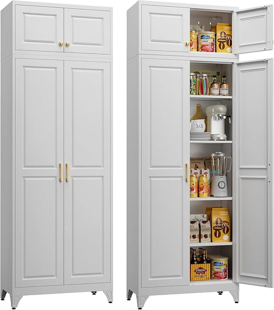 Kitchen Pantry Storage Cabinets, 90" Tall Metal Storage Cabinet with Doors and 4 Shelves, White Pantry Cabinet, Utility Kitchen Cupboard, Large Steel Cabinets for Dining Room, Office, Living Room