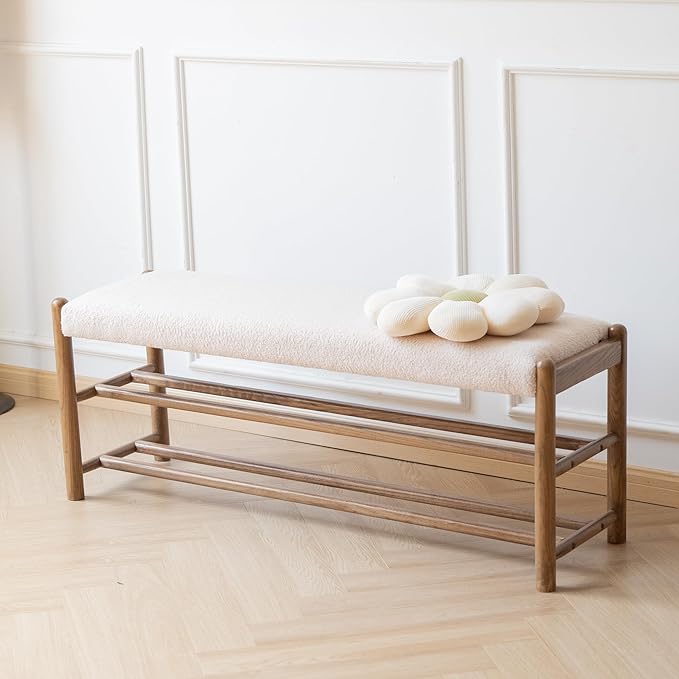 XINNAN Solid Wood Entryway Bench with Shoe Storage, Rustic Oak Wood and Sherpa Fabric 45 Inch Long Seating for Living and Dining Rooms, 3-Tier White