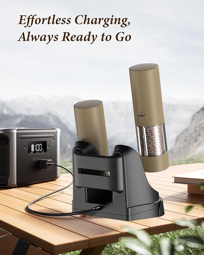Electric Salt and Pepper Grinder Set - Automatic Refillable Salt and Pepper Grinders with Charging Base & LED Light, 6-Level Adjustable Coarseness with External Dial, Ideal Kitchen Gadget竊똁rown