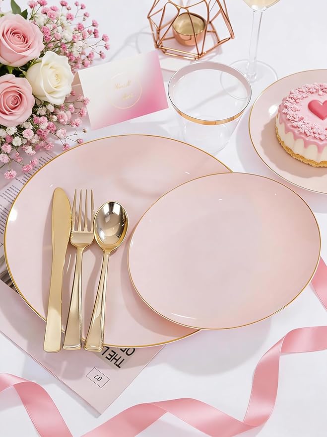 WDF 150Pcs Pink Plates Disposable - Pink and Gold Plastic Plates 25guest Disposable Dinnerware Include 25 Dinner Plate, 25 Dessert Plate, 25 Cutlery & 25 9oz Cups for Wedding, Party, Valentine's Day