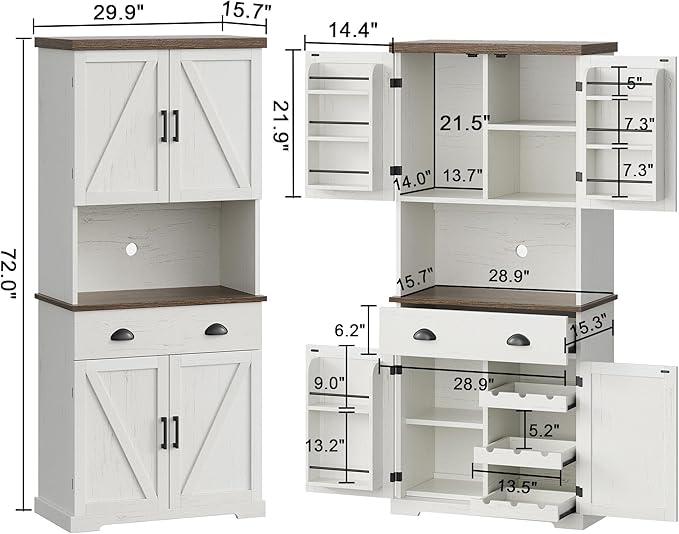 ChooChoo 72" Pantry Cabinet with Storage Drawers, Farmhouse Kitchen Hutch Bar Cabinet with Microwave Stand, Kitchen Cupboard with Door Shelves for Dining Room, Living Room, Antique White & Brown