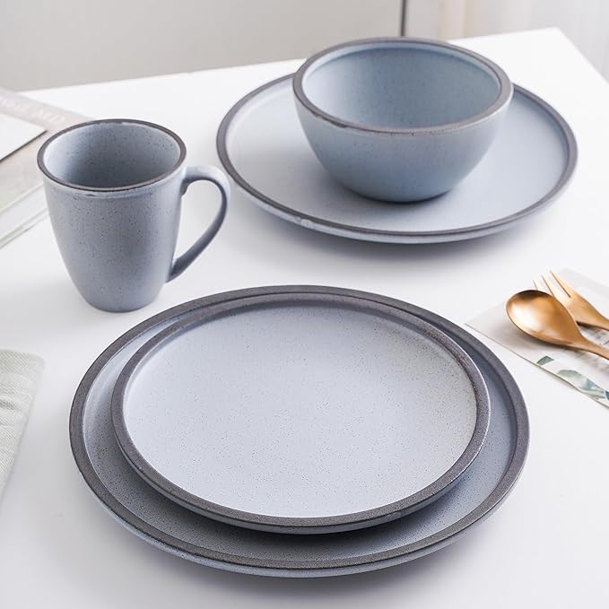 Stone Lain Tina Rustic Stoneware Reactive Glaze Dinnerware Set, Service for 4, Blue and Grey, 16 Piece