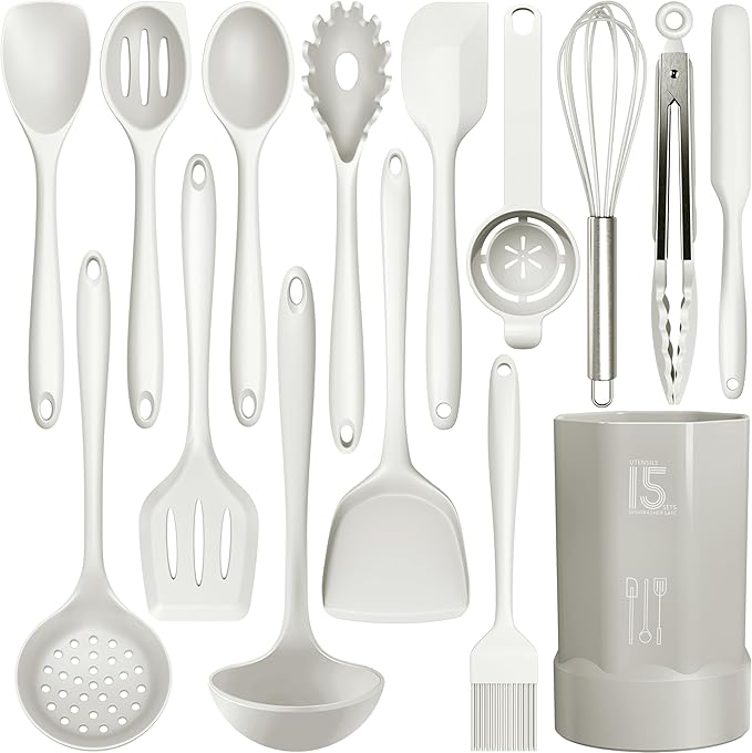 AOTHOD Silicone Cooking Utensils Set - 446째F Heat Resistant Silicone Kitchen Utensils,Spatula,Spoon, Kitchen Utensil Sets Gadgets Tools Set for Nonstick Cookware,Dishwasher Safe Bpa Free (Cream White)