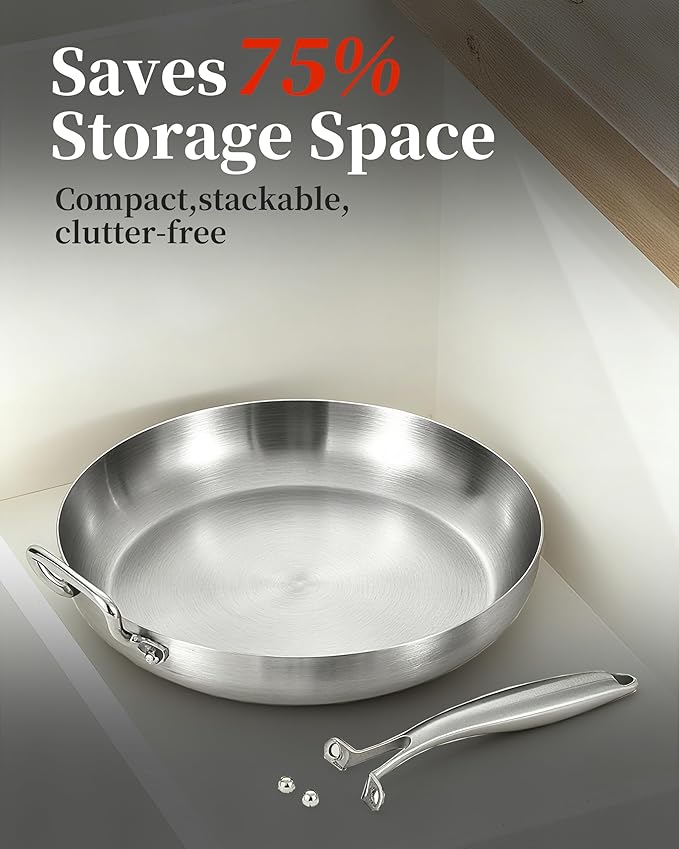 14-Inch Tri-Ply Stainless Steel Frying Pan with Lid & Detachable Handle - Induction Compatible Skillet, Oven & Dishwasher Safe, Ideal for Frying, Saut챕ing & Simmering