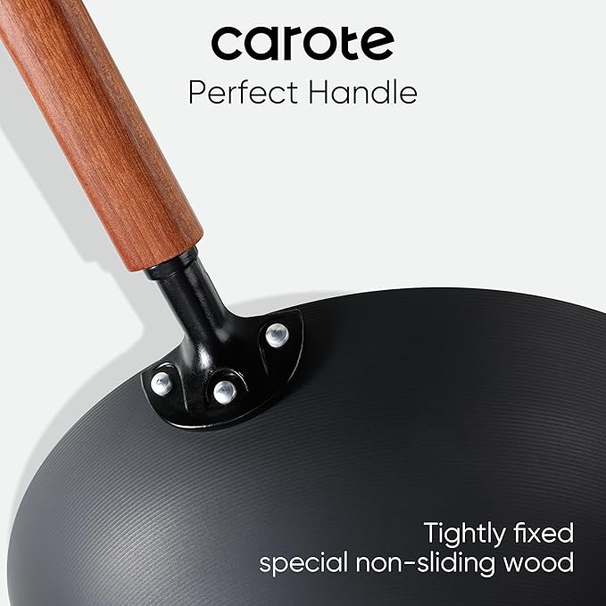 CAROTE 12" Carbon Steel Wok Pan, 4.5QT Woks & Stir-fry Pans Nonstick, No Chemical Coated Pre-Seasoned Flat Bottom Wok with Lid for Stir Fry, Chinese Cast Iron Wok, Cooking Pan, All Stovetop Compatible
