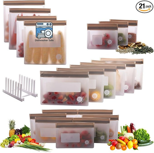 Reusable Food Storage Bags ??21-Pack Stand-Up, BPA-Free, Freezer, Dishwasher Safe & Eco-Friendly ??4 Gal, 6 L, 7 M, 3 S + Rack ??Airtight Leakproof Sandwich, Snack, and Meal Prep Bags (Grey)