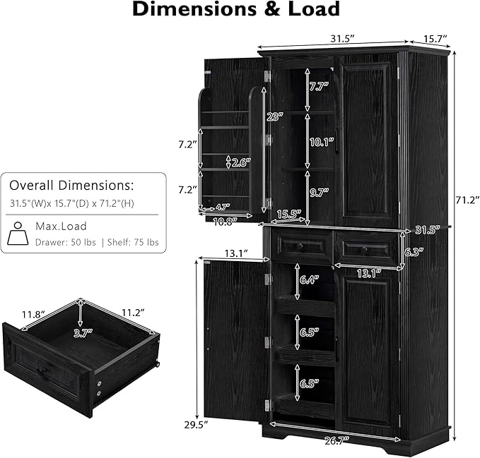 Ball & Cast 71?쿟all Farmhouse Kitchen Pantry Cabinet with 3 Pull Out Shelves & 2 Large Drawers,Versatile Pantry Storage Cabinet w/ 6 Door Shelf & Adjustable Shelves for Kitchen,Dining Room,Black
