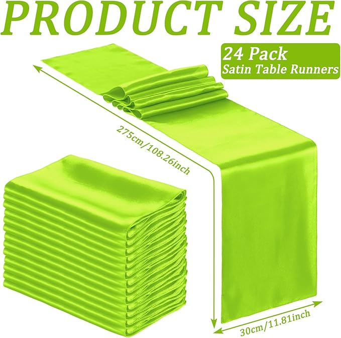 Bencailor 24 Pcs Bright Green Satin Table Runner Bulk 12 x 108 Inches Long Table Runners Bright Smooth Fabric Tablecloth for Wedding Banquet Birthday Valentines St Patrick's Day Party Decorations