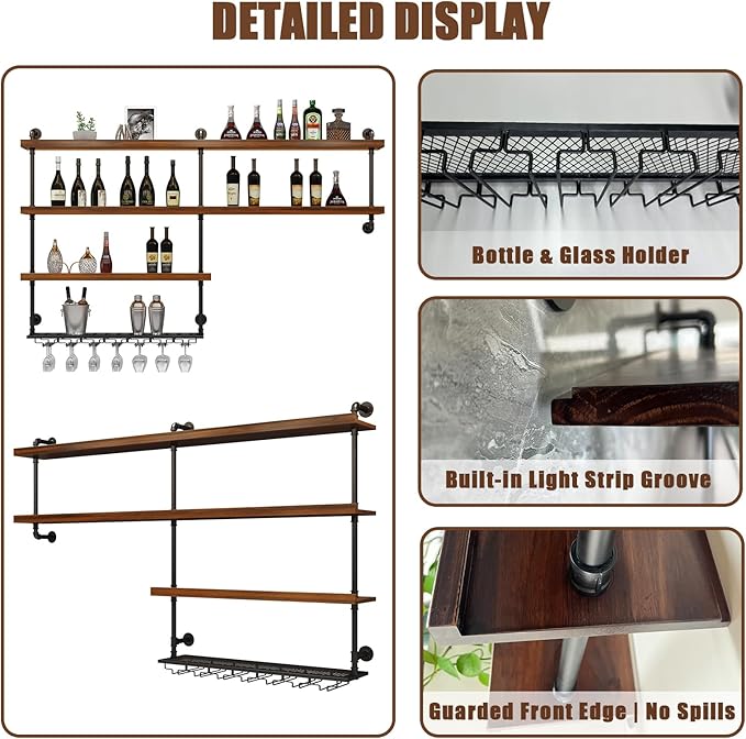 Solid Wood Wall Mounted Wine Rack, Large Wine Rack with LED Light, 4 Tiers Liquor Bottles Floating Shelves with Glass Holder, Industrial Bar Shelves for Home Bar Dining Room (78.7 IN/ 200CM)