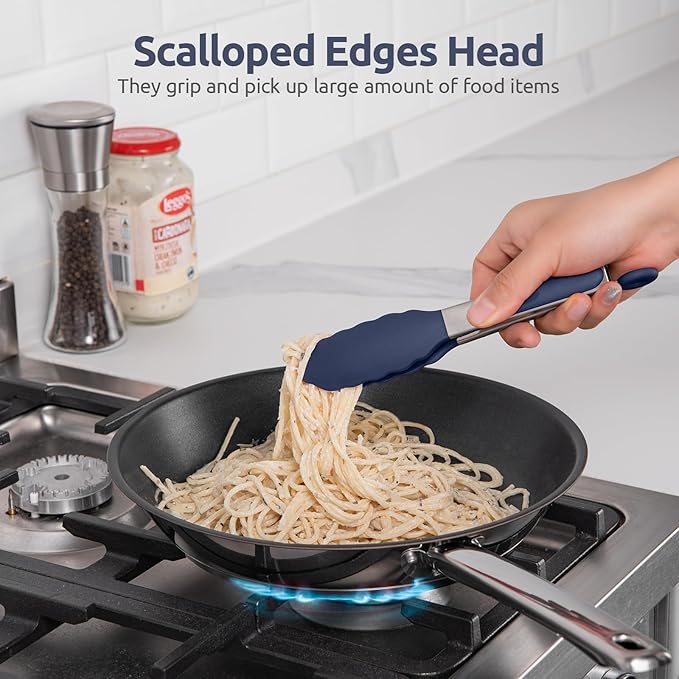 600쨘F Heat Proof Kitchen Tong: U-Taste 7" Silicone Cooking Tong with Firm Sealed Non Stick Rubber Tips & Silicon Coated 18/8 Stainless Steel Handle & Smooth Locking for Serving Salad (Midnight Blue)