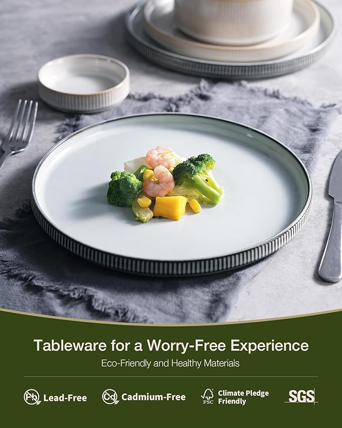 Famiware Star Dinnerware Set, Plates and Bowls Sets for 8 (24pcs), Ribbed Stoneware Dishes - Chip & Scratch Resistant, Microwave & Dishwasher Safe, Multicolor - Cappuccino White & Smoky Blue
