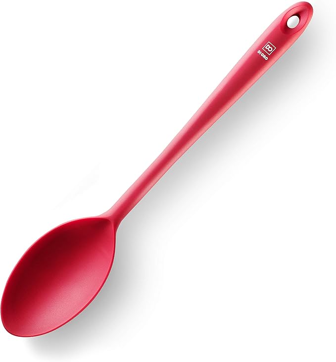 DI ORO Cooking Spoon - Solid Silicone Spoon 600째F High Heat Nonstick Cookware Safe - Kitchen Spoon for Cooking & Baking - Large Serving Spoon Utensil for Mixing & Stirring - Dishwasher Safe (Red)
