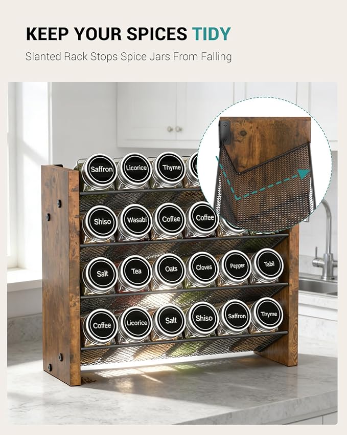 NESAPTO Spice Rack Organizer for Cabinet, Wooden 4 Tier Vertical Seasoning Organizers for Kitchen Pantry, Countertop/Wall Mount, Holds 24 Spice Jars (No Jars Included),12.2" W 횞 9.4" H