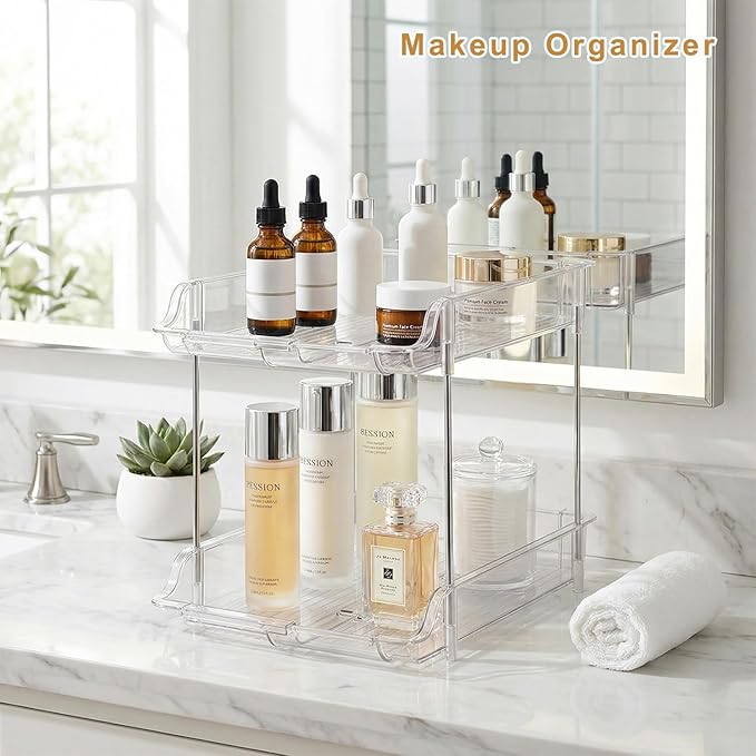 Expandable Cabinet Organizer Shelf, 2-Tier kitchen Counter Organization Shelves, Spice Rack,Clear Plastic Countertop Storage Rack for Makeup, Pantry, Cupboard, Bathroom, Desk Organization