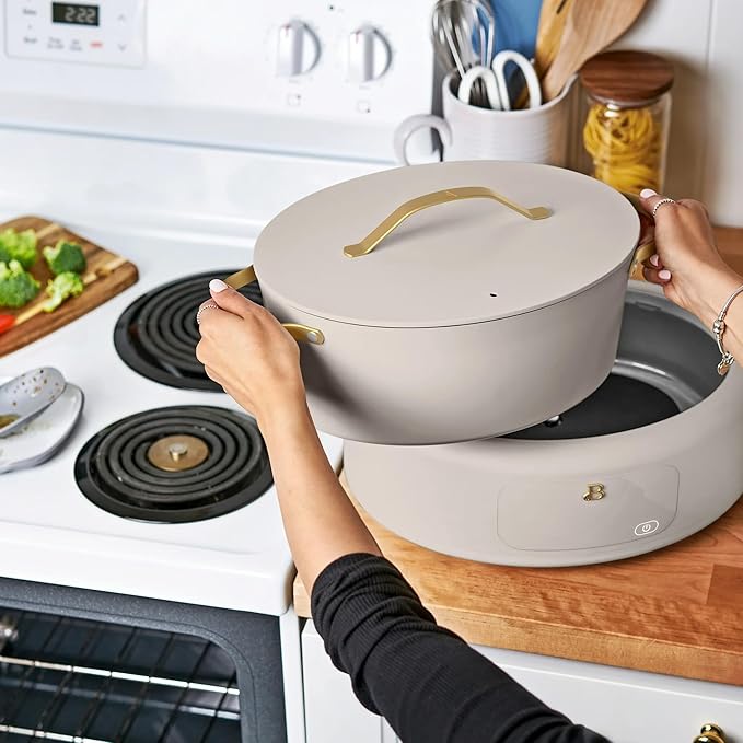 Beautiful 10-in-1 Electric Multi-Cooker by Drew Barrymore, 6-quart, digital display, 10 cooking functions, non-stick pot, easy one-touch control (Porcini Taupe)