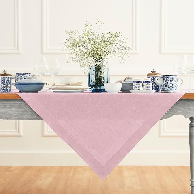 Solino Home Linen Tablecloth 52 x 52 Inch - 100% Pure Linen Square Table Throw - Athena, Machine Washable Bubblegum Pink Tablecloth for Valentines, Spring, Easter
