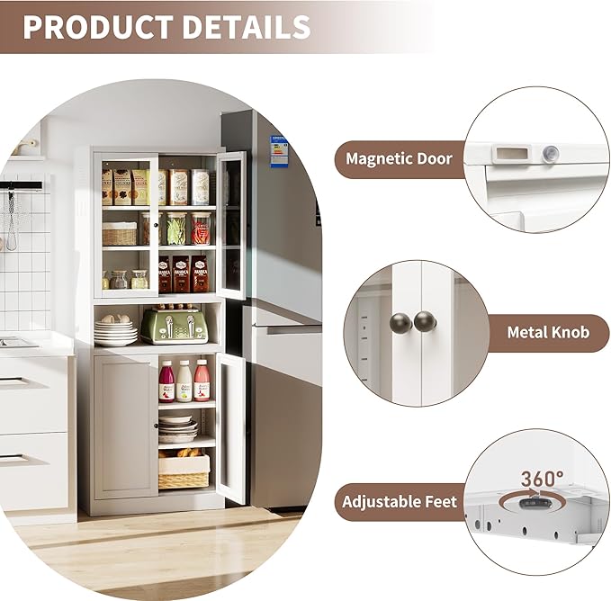 Kitchen Pantry Cabinet with Microwave Stand, 72" Tall Kitchen Hutch Storage Metal Pantry for Kitchen Dining Room Living Room Bathroom,Assembly Required (White)