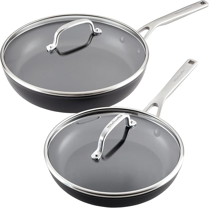 KitchenAid Hard Anodized Induction Nonstick Frying Pan Set With Tempered Lids, 4-Piece - 10 & 12 Inch ??Durable, Even Heating, Oven Safe to 500째F, Dishwasher Safe, Easy-Clean