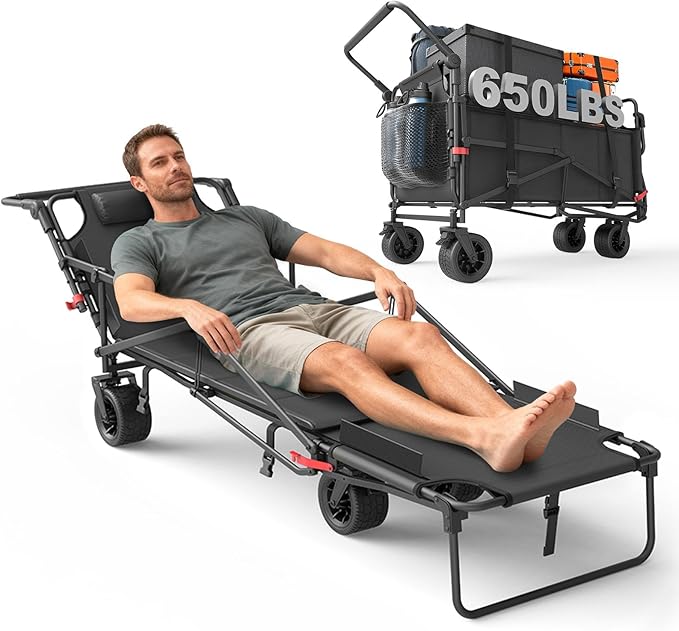 LEVELEVE Heavy Duty Folding Wagon - 2-in-1 Collapsible Cart, 650lb Capacity, All-Terrain Wheels w/Brakes & Side Pockets (Dark Gery)