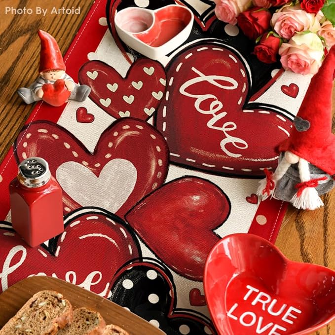 Artoid Mode Red Polka Dot Heart Love Valentine's Table Runner, Anniversary Wedding Kitchen Dining Table Decoration for Home Party Decor 13x48 Inch