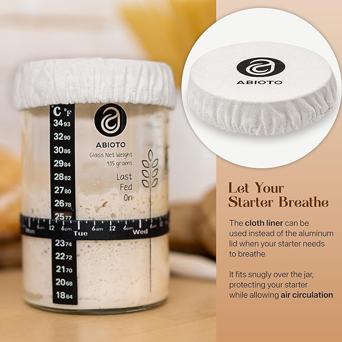 Sourdough Starter Jar Kit, Includes 34 oz Sourdough Starter Jar with Metallic Lid, Silicone Spatula, Feeding Tracker, Extra Thermometer Strips & Breathable Covers ??Sourdough Bread Starter Kit
