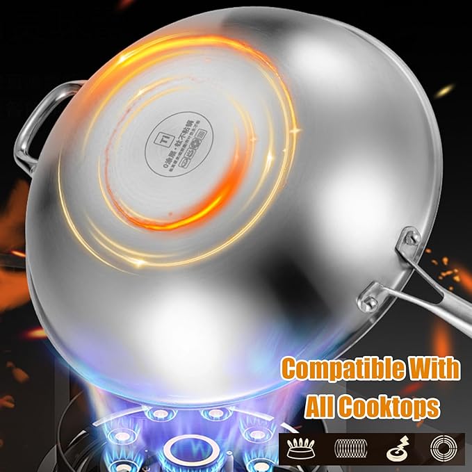 Titanium Hammered Wok with Lid, Upgrade Double Handle Non Stick Titanium Pans for Cooking, Ultra-Durable, Scratch-Resistant, Even Heating Frying Pans, Compatible with All Cooktops,with lid,14